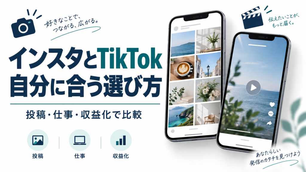 インスタとTikTokを投稿・仕事・収益化で比較。写真一覧と短い動画を表す2台のスマートフォンのイメージ。