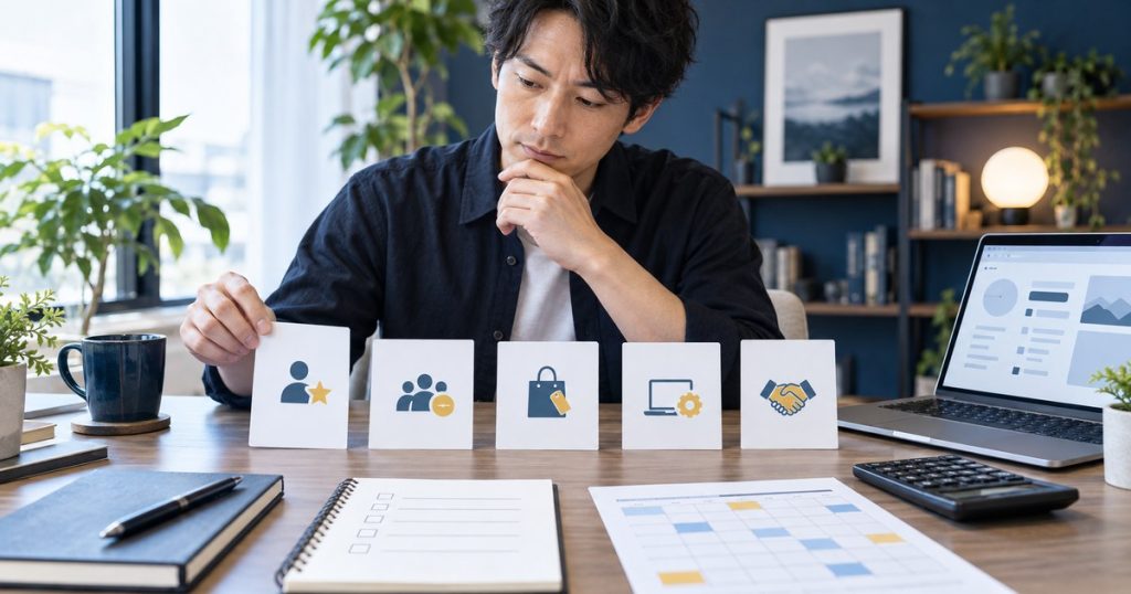Xの収益経路と作業計画を比較するイメージ