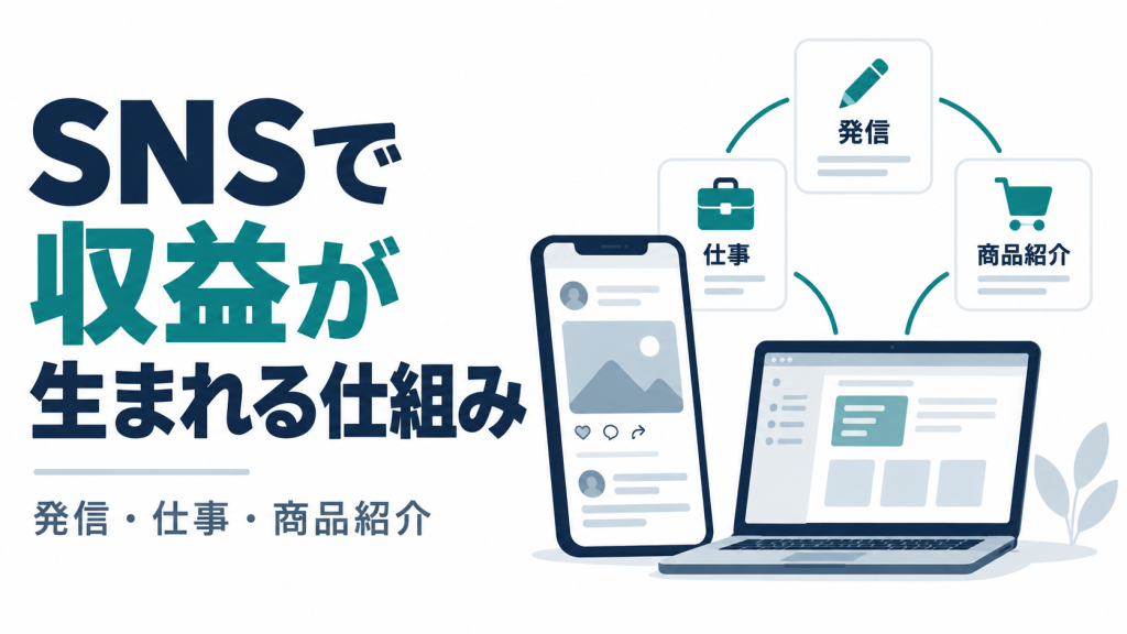 SNSで収益が生まれる仕組み。発信・仕事・商品紹介を表すスマートフォン、パソコン、カードのイラスト。