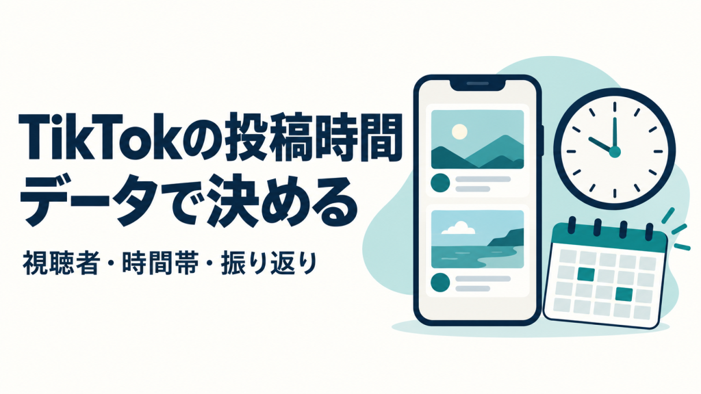 TikTokの投稿時間を視聴者データで決める考え方。スマートフォン、時計、カレンダーのイラスト。