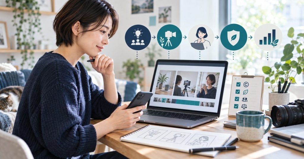 AIを使ったTikTok動画の企画と編集手順を確認するイメージ
