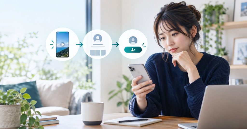 縦型動画の再生からプロフィール、フォローまでの導線を確認する人