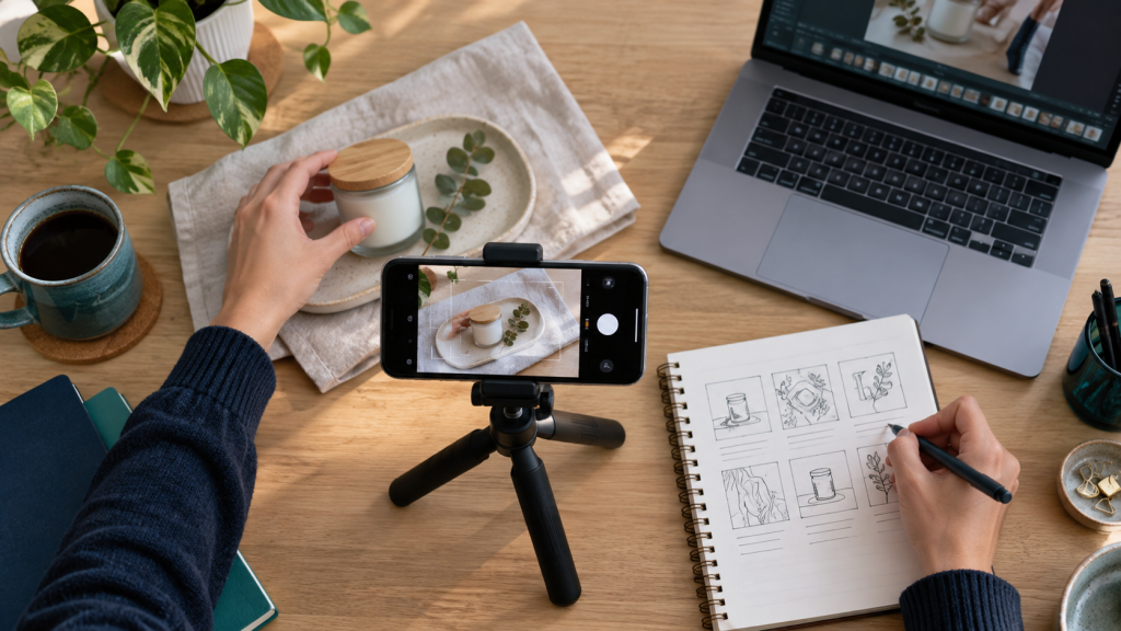 顔を出さずにInstagram投稿を制作する手元と作業机