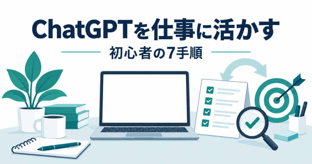 ChatGPTを仕事に活かす初心者の7手順を表す机と確認用チェックリストのイラスト
