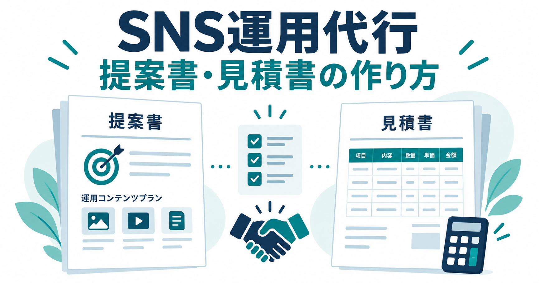 SNS運用代行の提案書と見積書を、目的・作業内容・条件のチェックでそろえるイラスト
